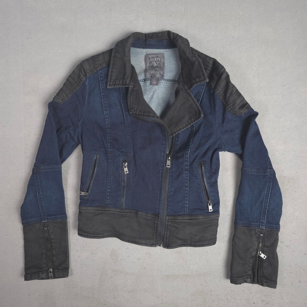 Guess Womens Denim Moto Jacket Black Faux Leather Accents‎ Zipper Detail Size M